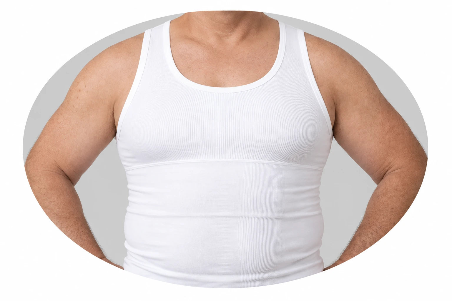 Front catalog view of the white InShape compression tank on an older man.