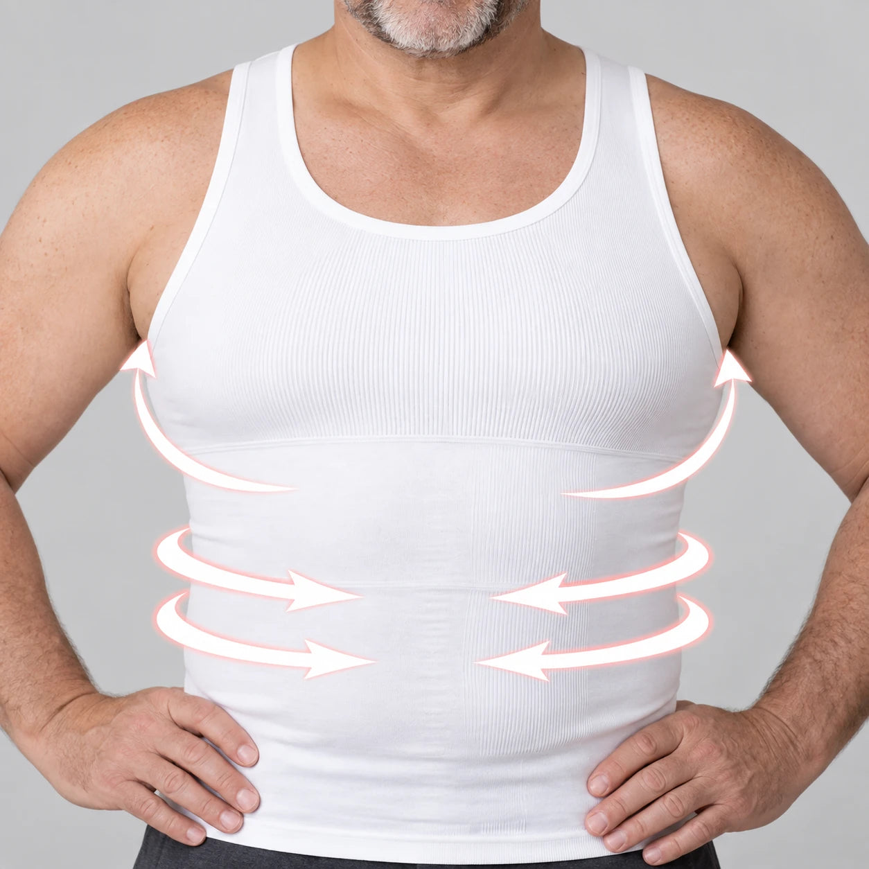 Front view of a man wearing the white compression tank with hands on hips.