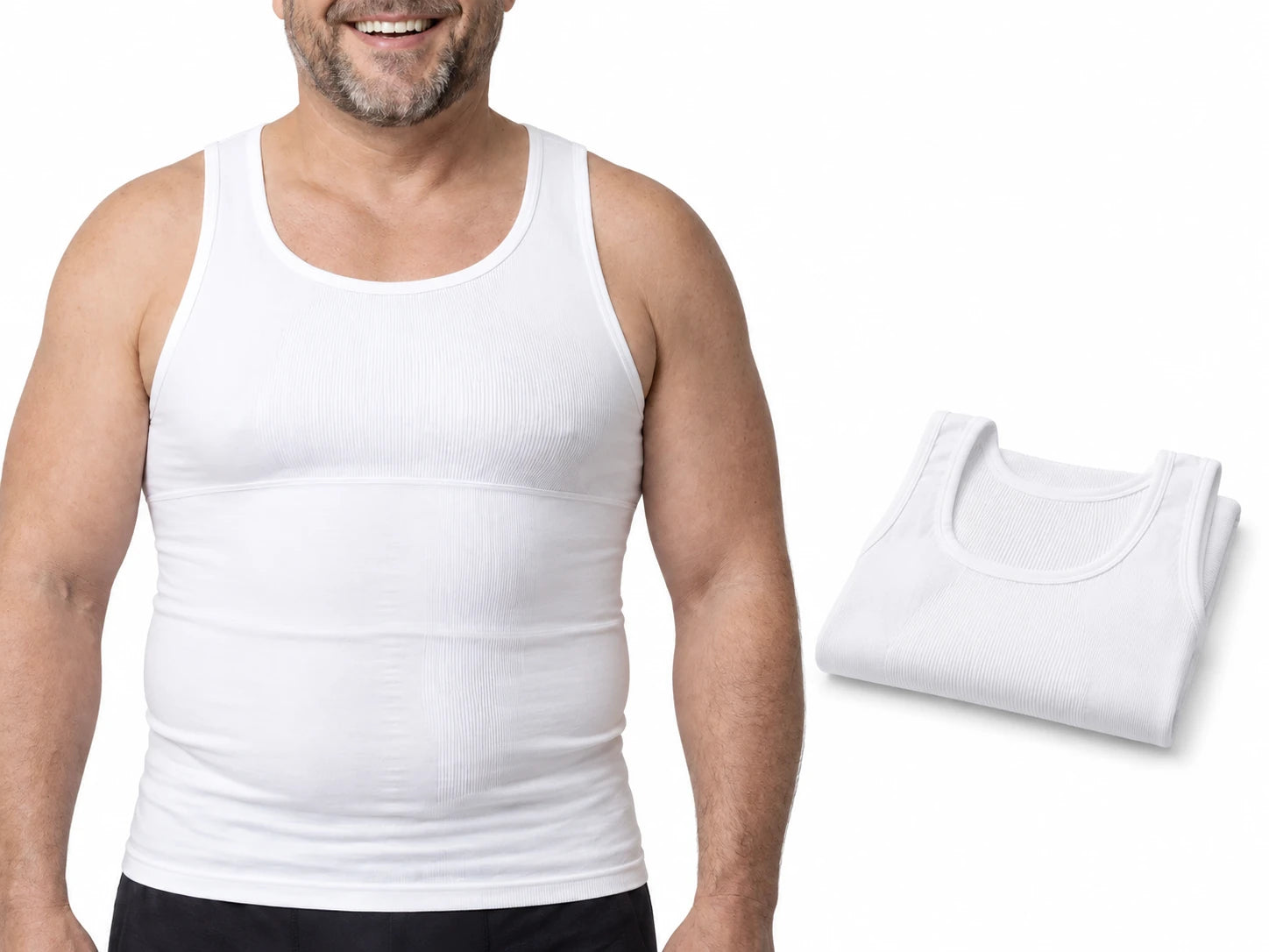 Product portrait of an older man in a white InShape tank beside a folded white tank.