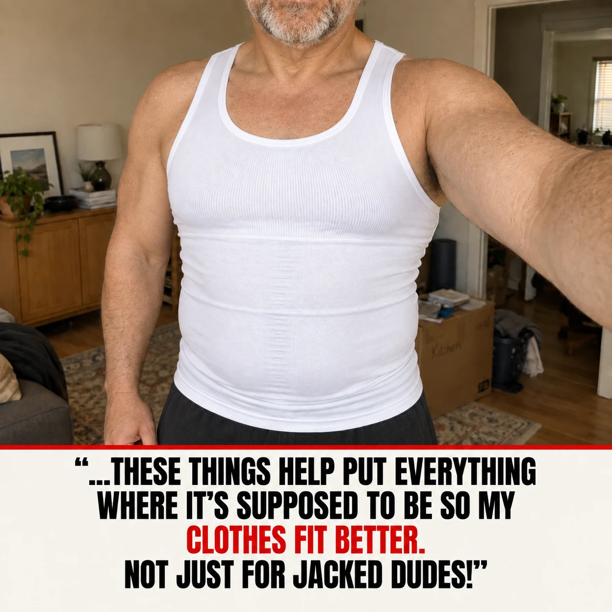 Older male model wearing the white compression tank in a home, with a separately sourced Harry O. review excerpt.