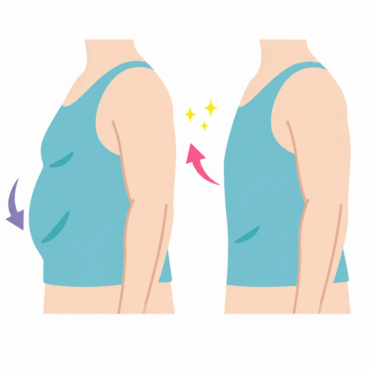 Side profile clothing illustration comparing an ordinary undershirt with the compression tank.